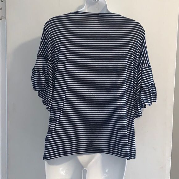 ALYA Navy and White Stripe Ruffle Sleeve Top-M - Picture 3 of 4